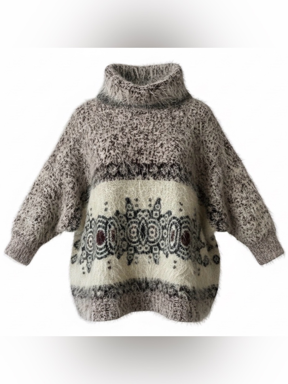 BCBGMAXAZRIA Fuzzy Knit Turtleneck Sweater XS/S Gray Ivory Cozy Warm Scandigirl
